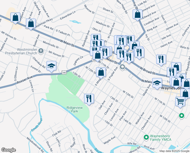 map of restaurants, bars, coffee shops, grocery stores, and more near 417 South Linden Avenue in Waynesboro