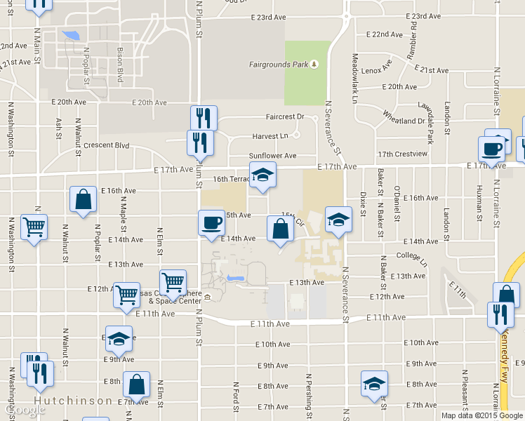 map of restaurants, bars, coffee shops, grocery stores, and more near 606 East 15th Avenue in Hutchinson