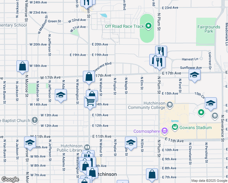 map of restaurants, bars, coffee shops, grocery stores, and more near 112 East 15th Avenue in Hutchinson