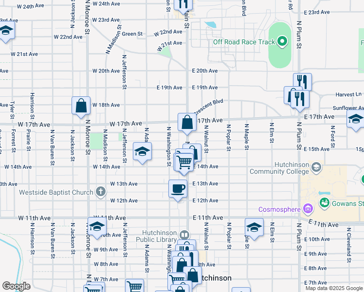 map of restaurants, bars, coffee shops, grocery stores, and more near 1503 North Main Street in Hutchinson