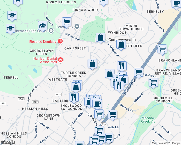map of restaurants, bars, coffee shops, grocery stores, and more near 141 Green Turtle Lane in Charlottesville