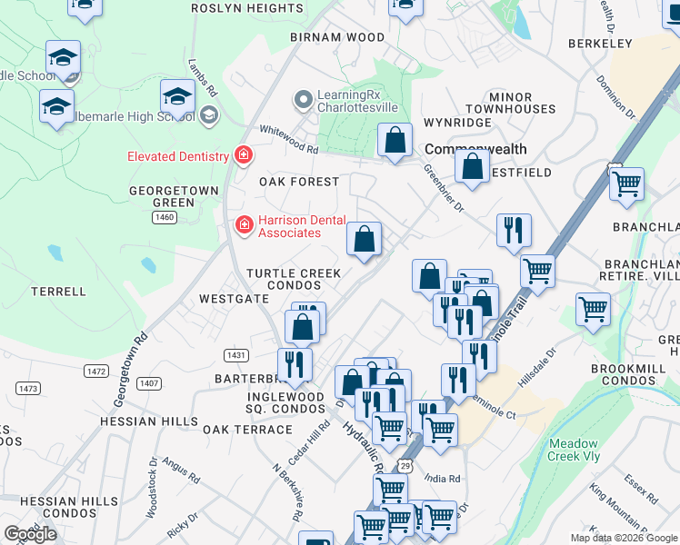 map of restaurants, bars, coffee shops, grocery stores, and more near 136 Green Turtle Lane in Charlottesville