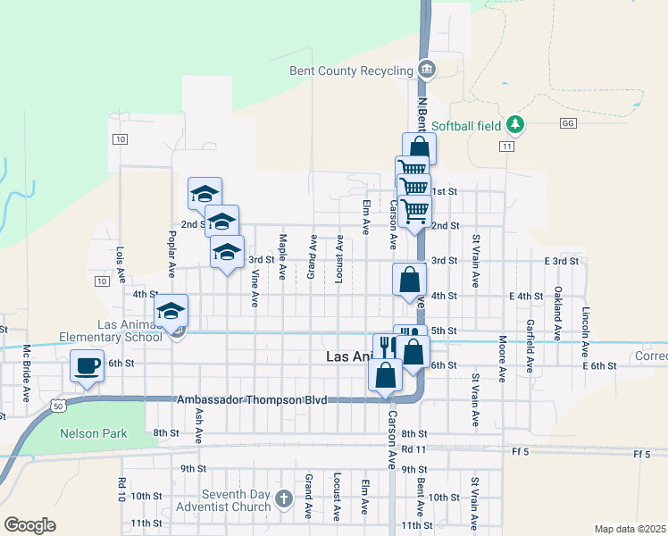 map of restaurants, bars, coffee shops, grocery stores, and more near 325 Locust Avenue in Las Animas