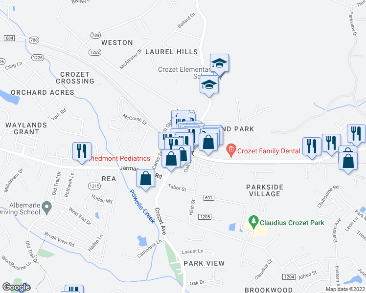 map of restaurants, bars, coffee shops, grocery stores, and more near 5800 Railroad Avenue in Crozet
