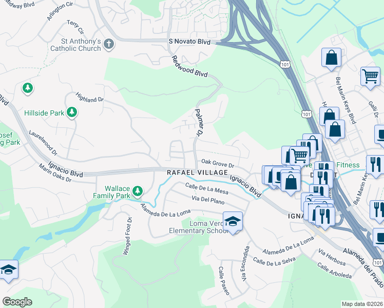 map of restaurants, bars, coffee shops, grocery stores, and more near 19 Palmer Drive in Novato