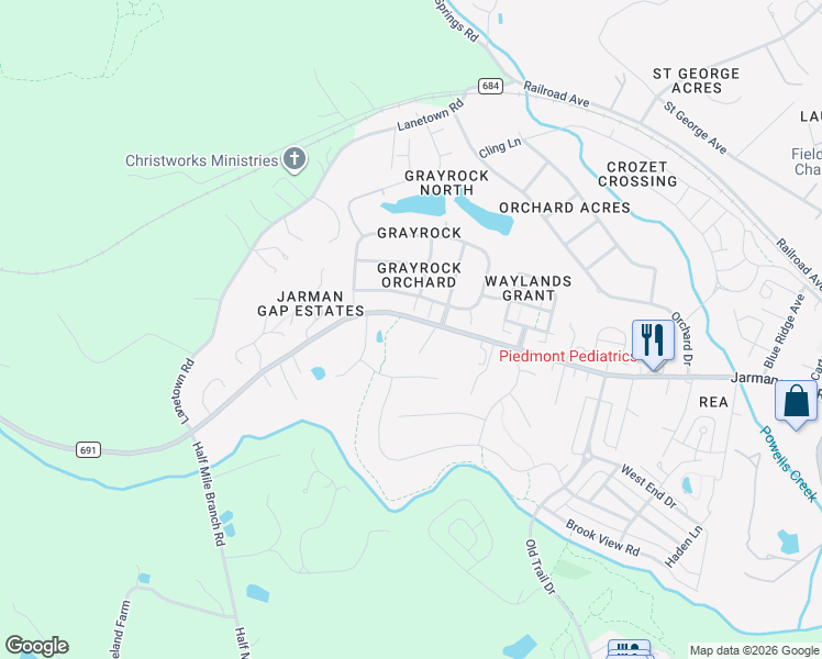 map of restaurants, bars, coffee shops, grocery stores, and more near 6175 Jarmans Gap Road in Crozet