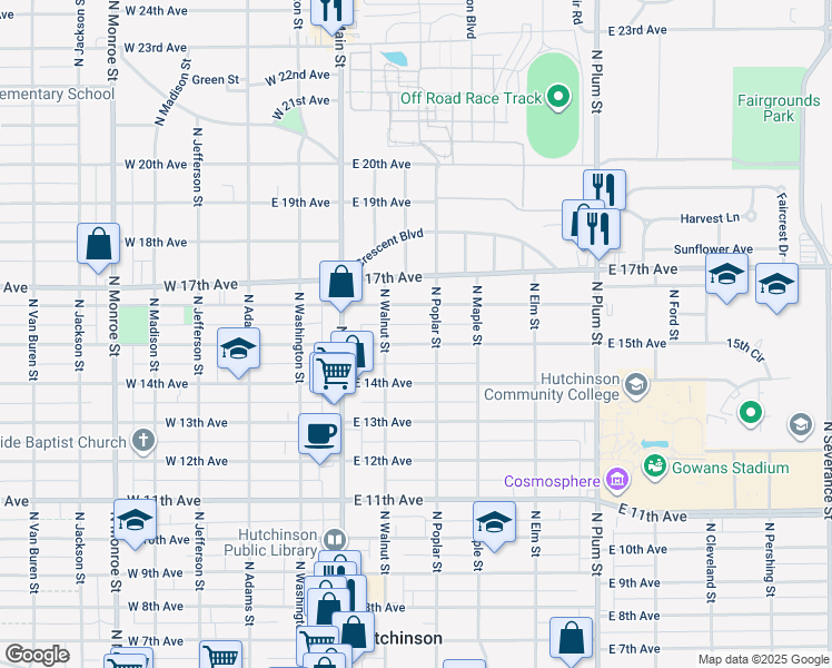 map of restaurants, bars, coffee shops, grocery stores, and more near 112 East 15th Avenue in Hutchinson