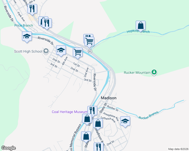 map of restaurants, bars, coffee shops, grocery stores, and more near 126 Rte 152 Rd in Madison