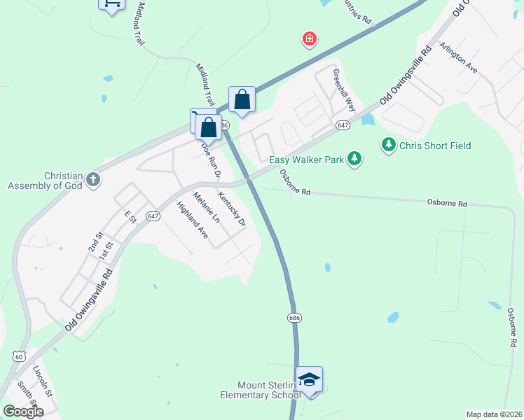 map of restaurants, bars, coffee shops, grocery stores, and more near 6601 Indian Mound Drive in Mount Sterling