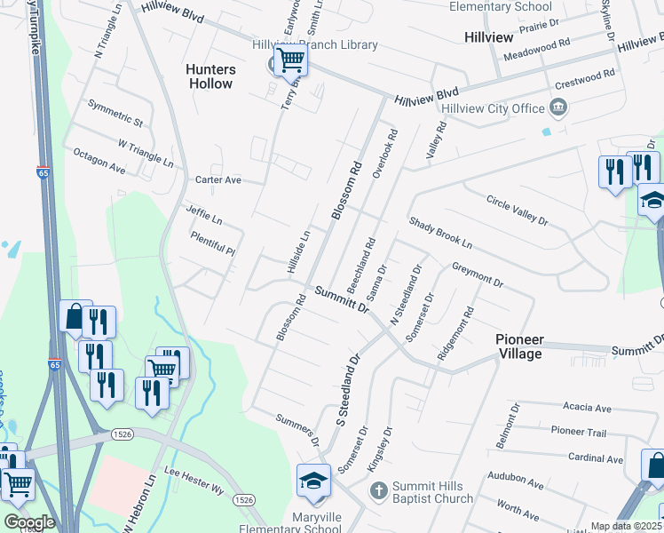 map of restaurants, bars, coffee shops, grocery stores, and more near 163 Overlook Road in Louisville