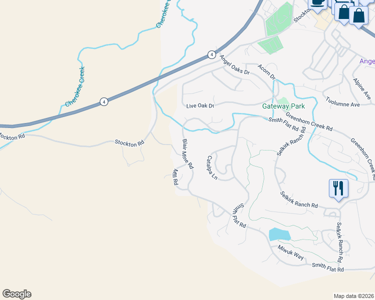 map of restaurants, bars, coffee shops, grocery stores, and more near 293 Blair Mine Road in Angels Camp