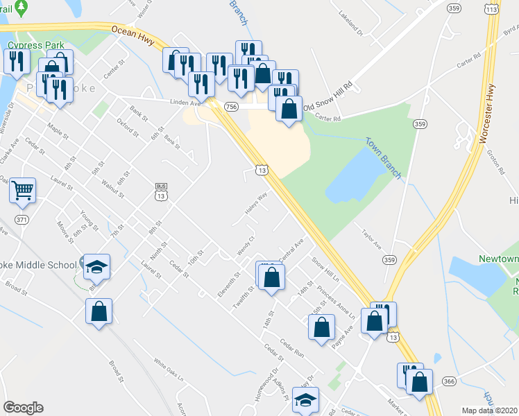 map of restaurants, bars, coffee shops, grocery stores, and more near 107 Haleys Way in Pocomoke City