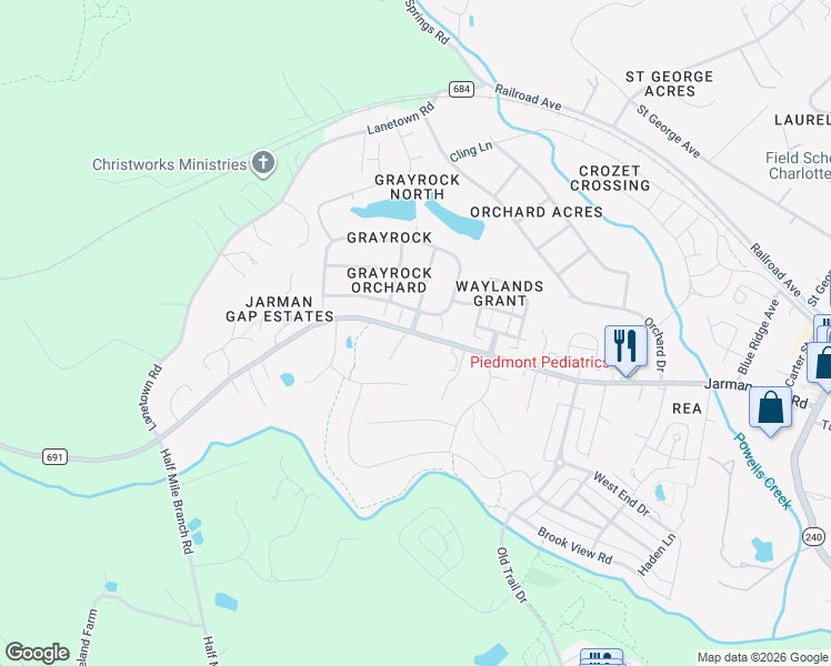 map of restaurants, bars, coffee shops, grocery stores, and more near 6144 Jarmans Gap Rd in Crozet