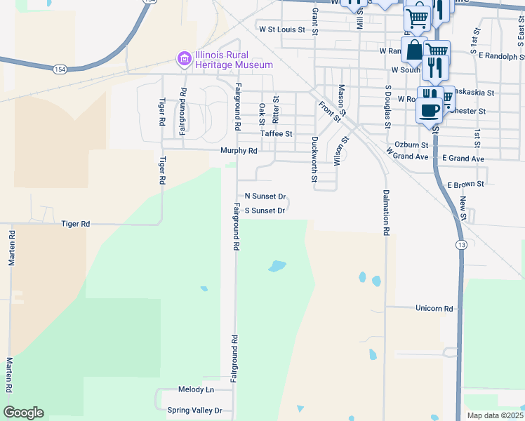 map of restaurants, bars, coffee shops, grocery stores, and more near South Sunset Drive in Pinckneyville