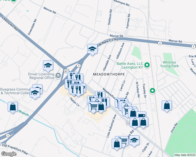 map of restaurants, bars, coffee shops, grocery stores, and more near 229 Glendale Ave in Lexington