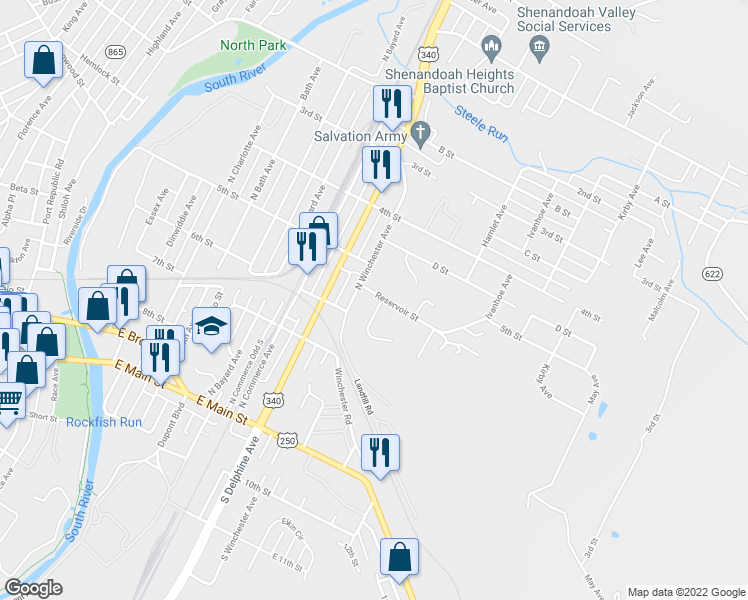 map of restaurants, bars, coffee shops, grocery stores, and more near 403 Woodland Circle in Waynesboro