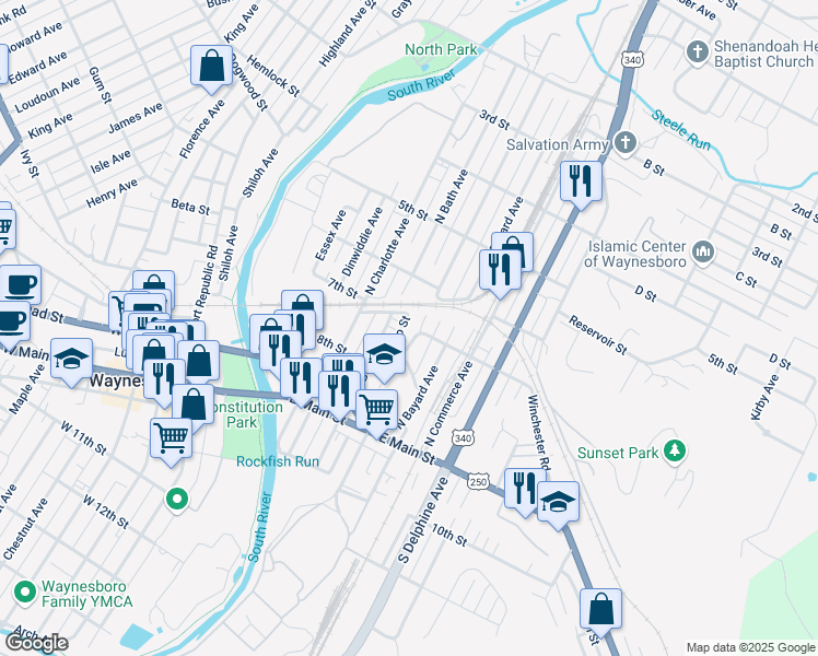 map of restaurants, bars, coffee shops, grocery stores, and more near 281 North Augusta Avenue in Waynesboro