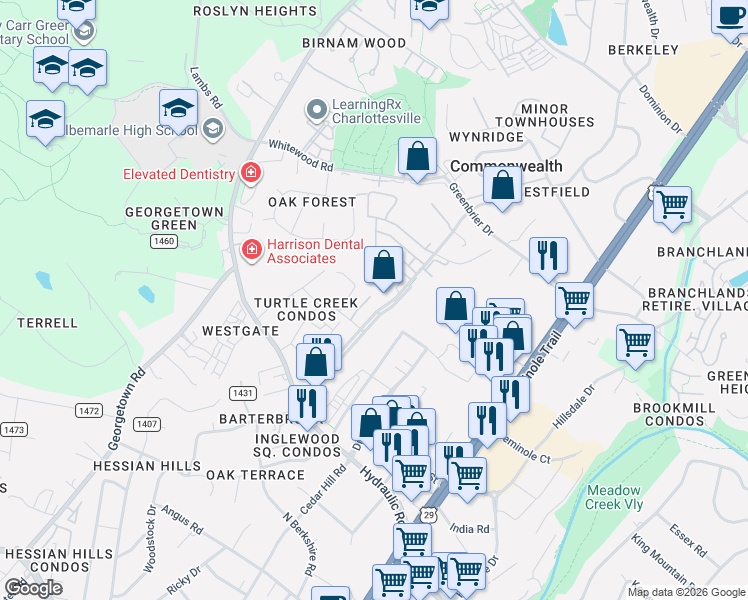 map of restaurants, bars, coffee shops, grocery stores, and more near 141 Green Turtle Lane in Charlottesville