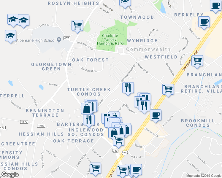 map of restaurants, bars, coffee shops, grocery stores, and more near 138 Green Turtle Lane in Charlottesville