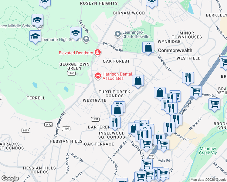 map of restaurants, bars, coffee shops, grocery stores, and more near 103 Turtle Creek Road in Charlottesville