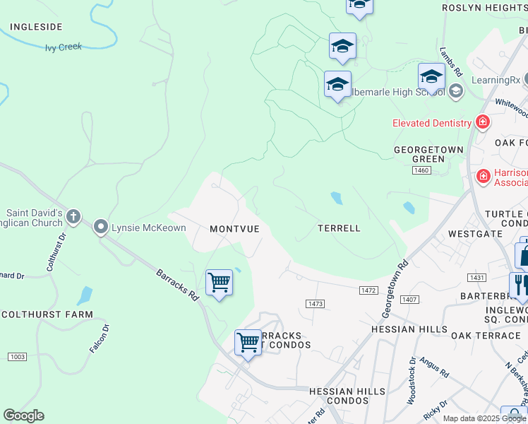 map of restaurants, bars, coffee shops, grocery stores, and more near 211 Montvue Drive in Charlottesville