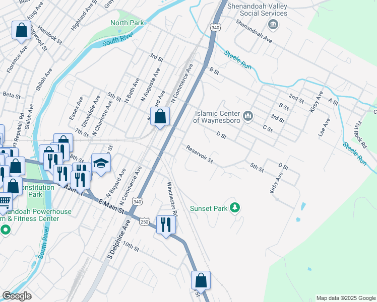 map of restaurants, bars, coffee shops, grocery stores, and more near 408 North Winchester Avenue in Waynesboro