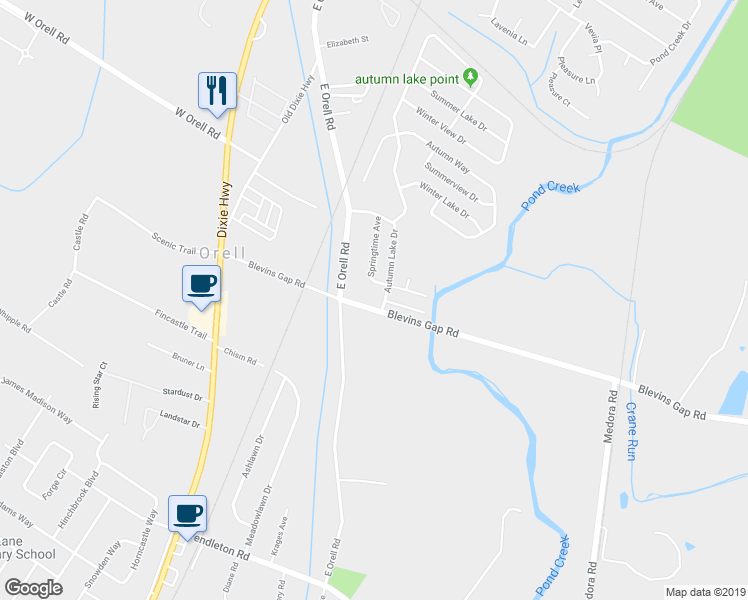 map of restaurants, bars, coffee shops, grocery stores, and more near 6101 Blevins Gap Road in Louisville