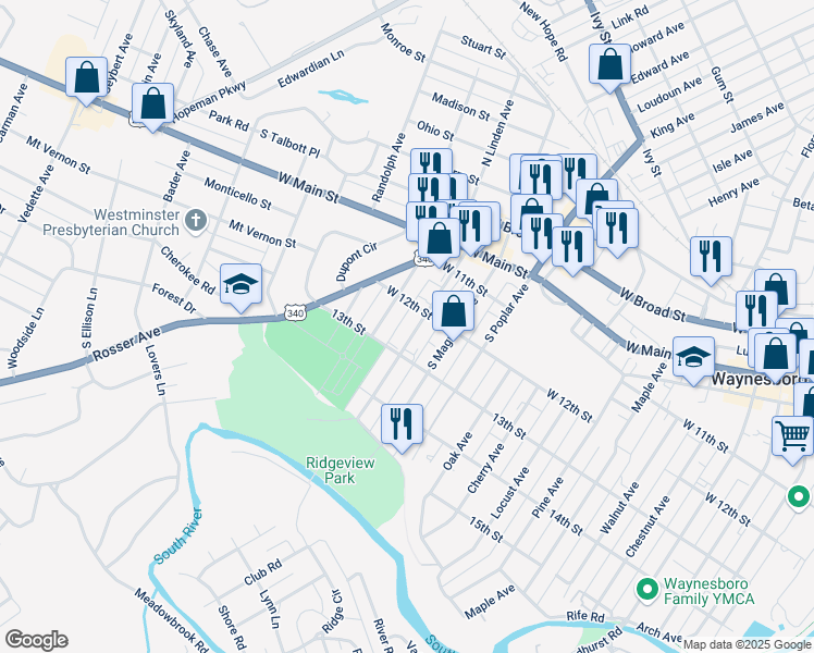 map of restaurants, bars, coffee shops, grocery stores, and more near 417 South Linden Avenue in Waynesboro