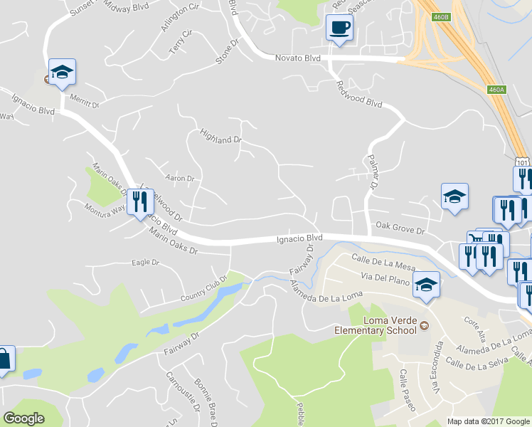map of restaurants, bars, coffee shops, grocery stores, and more near 56 Laurelwood Drive in Novato