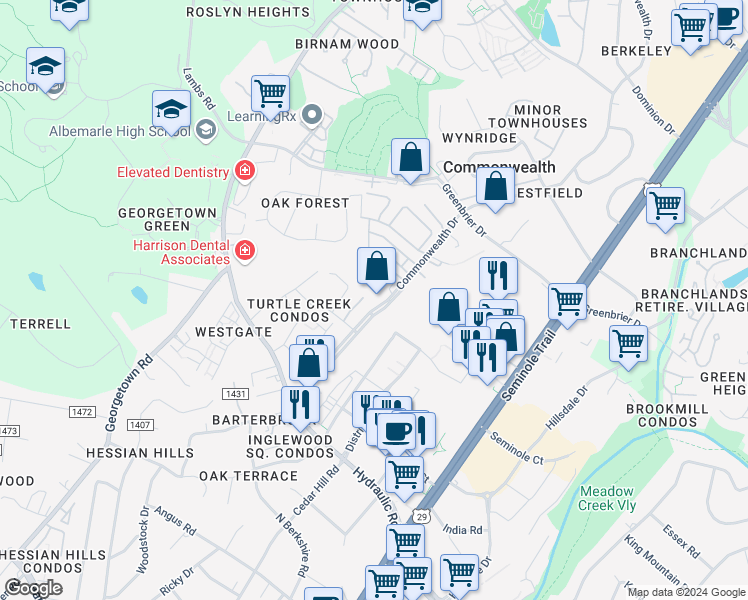 map of restaurants, bars, coffee shops, grocery stores, and more near 143 Green Turtle Lane in Charlottesville