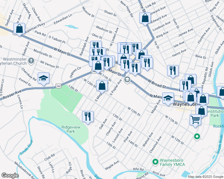 map of restaurants, bars, coffee shops, grocery stores, and more near 337 South Poplar Avenue in Waynesboro