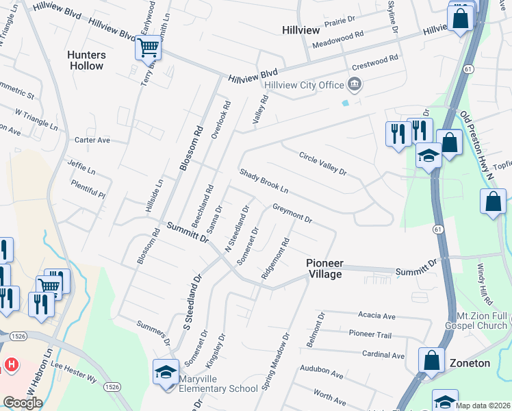 map of restaurants, bars, coffee shops, grocery stores, and more near 306 North Steedland Drive in Louisville
