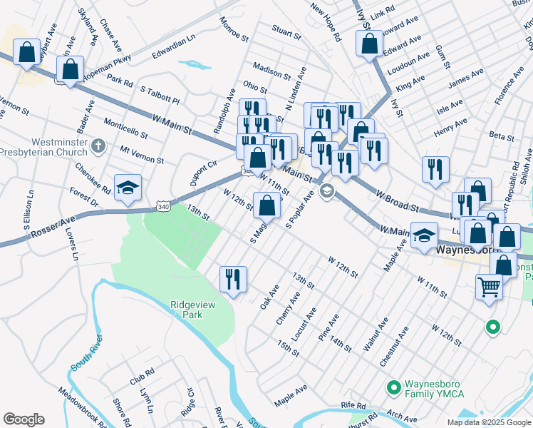 map of restaurants, bars, coffee shops, grocery stores, and more near 373 South Magnolia Avenue in Waynesboro
