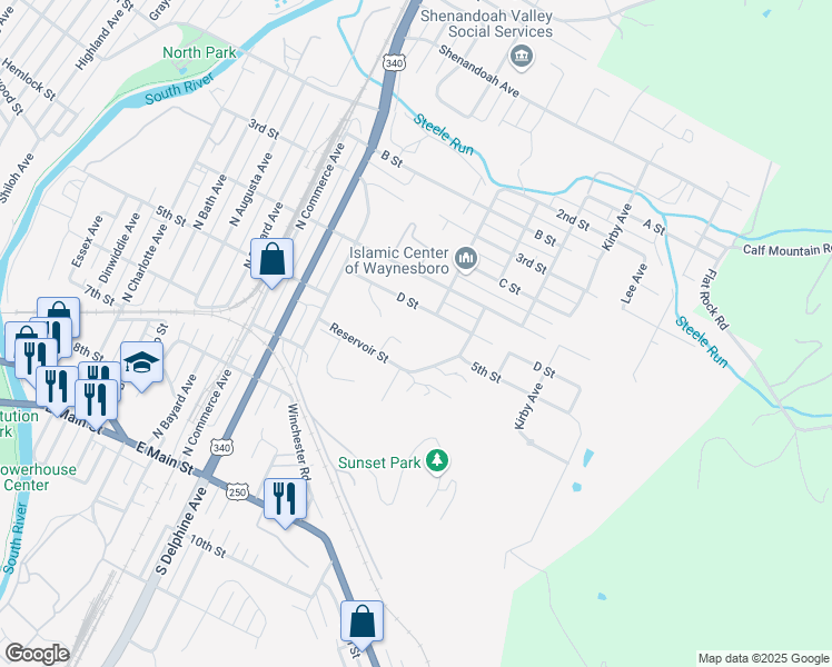 map of restaurants, bars, coffee shops, grocery stores, and more near 1115 Reservoir Street in Waynesboro