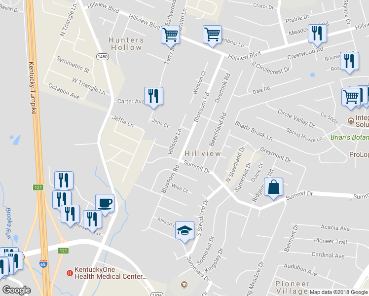 map of restaurants, bars, coffee shops, grocery stores, and more near 574 Blossom Road in Louisville