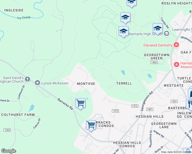 map of restaurants, bars, coffee shops, grocery stores, and more near 211 Montvue Drive in Charlottesville