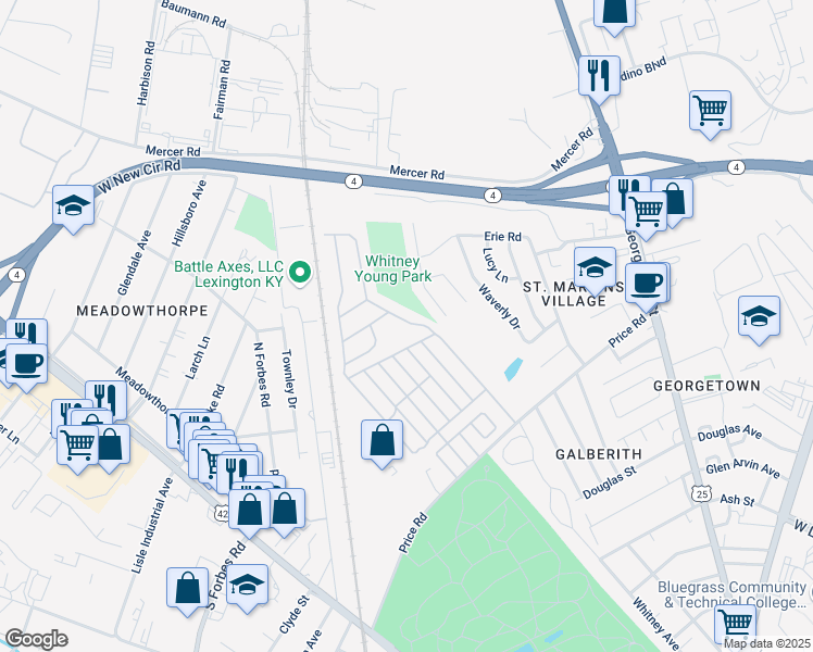 map of restaurants, bars, coffee shops, grocery stores, and more near 439 Fairdale Drive in Lexington