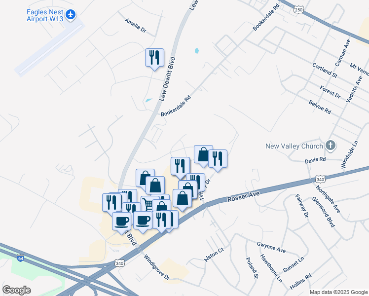 map of restaurants, bars, coffee shops, grocery stores, and more near Sunbird Lane in Waynesboro