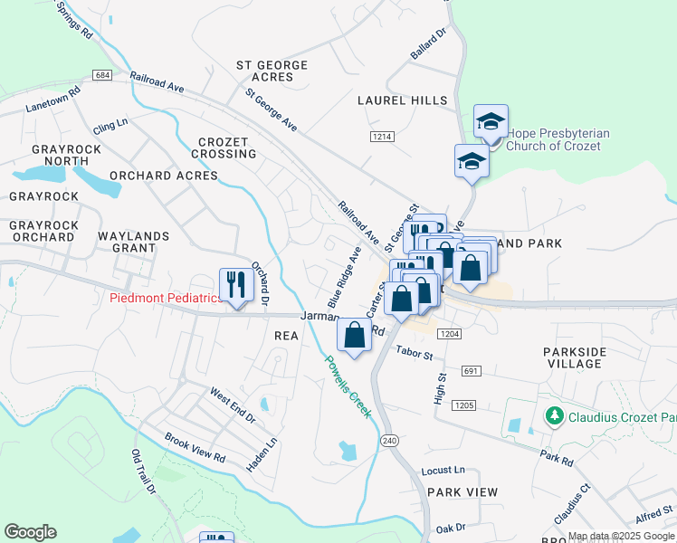 map of restaurants, bars, coffee shops, grocery stores, and more near 1216 State Route 1201 in Crozet