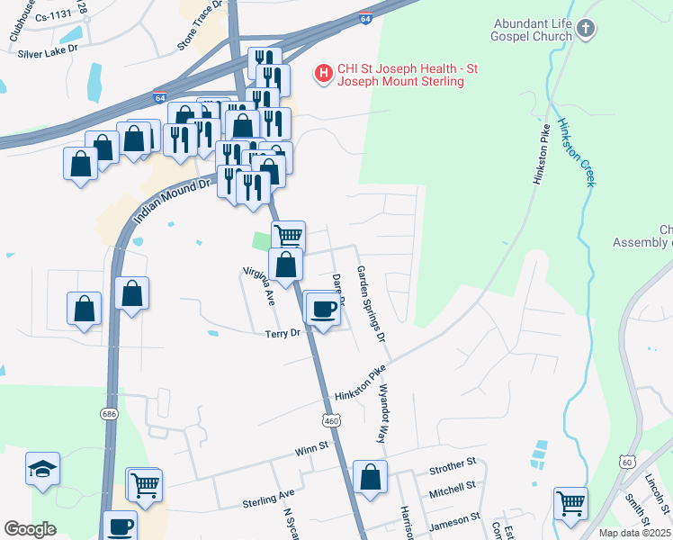 map of restaurants, bars, coffee shops, grocery stores, and more near 539 Dare Drive in Mount Sterling