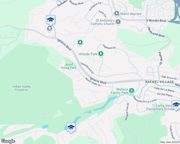 map of restaurants, bars, coffee shops, grocery stores, and more near 141 Laurelwood Drive in Novato