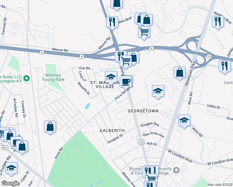 map of restaurants, bars, coffee shops, grocery stores, and more near 486 Price Road in Lexington