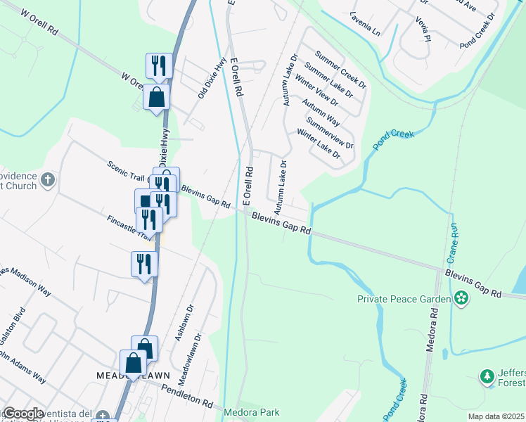 map of restaurants, bars, coffee shops, grocery stores, and more near 6101 Blevins Gap Road in Louisville