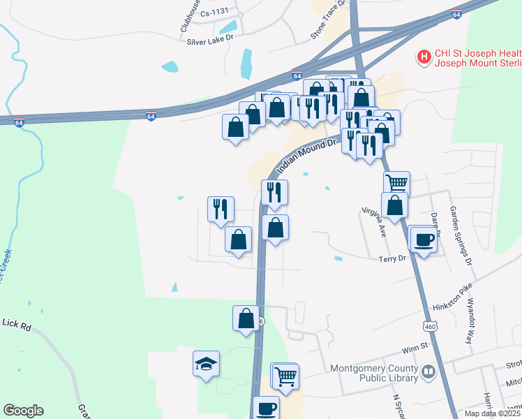map of restaurants, bars, coffee shops, grocery stores, and more near 810 Indian Mound Drive in Mount Sterling