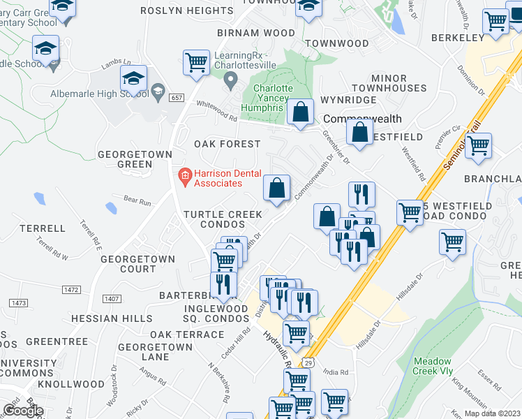 map of restaurants, bars, coffee shops, grocery stores, and more near 138 Green Turtle Lane in Charlottesville