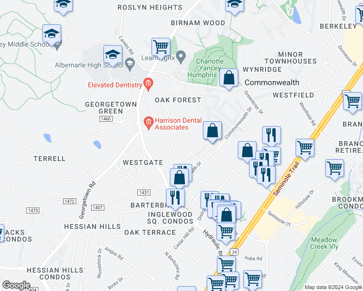 map of restaurants, bars, coffee shops, grocery stores, and more near 125 Turtle Creek Road in Charlottesville