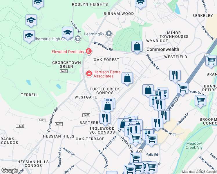 map of restaurants, bars, coffee shops, grocery stores, and more near 125 Turtle Creek Road in Charlottesville
