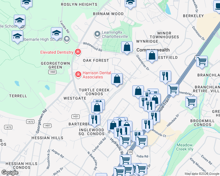 map of restaurants, bars, coffee shops, grocery stores, and more near 138 Green Turtle Lane in Charlottesville