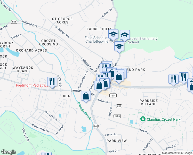 map of restaurants, bars, coffee shops, grocery stores, and more near 1213 State Route 1201 in Crozet