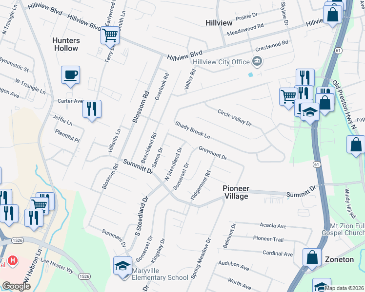 map of restaurants, bars, coffee shops, grocery stores, and more near 306 North Steedland Drive in Louisville